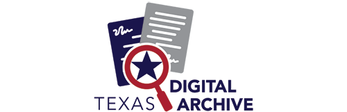 Texas Digital Archive logo. An image of a magnifying glass over two documents.