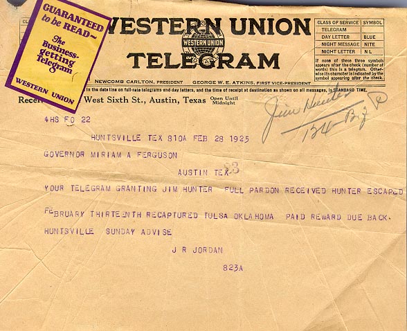 Telegram on Jim Hunter's escape