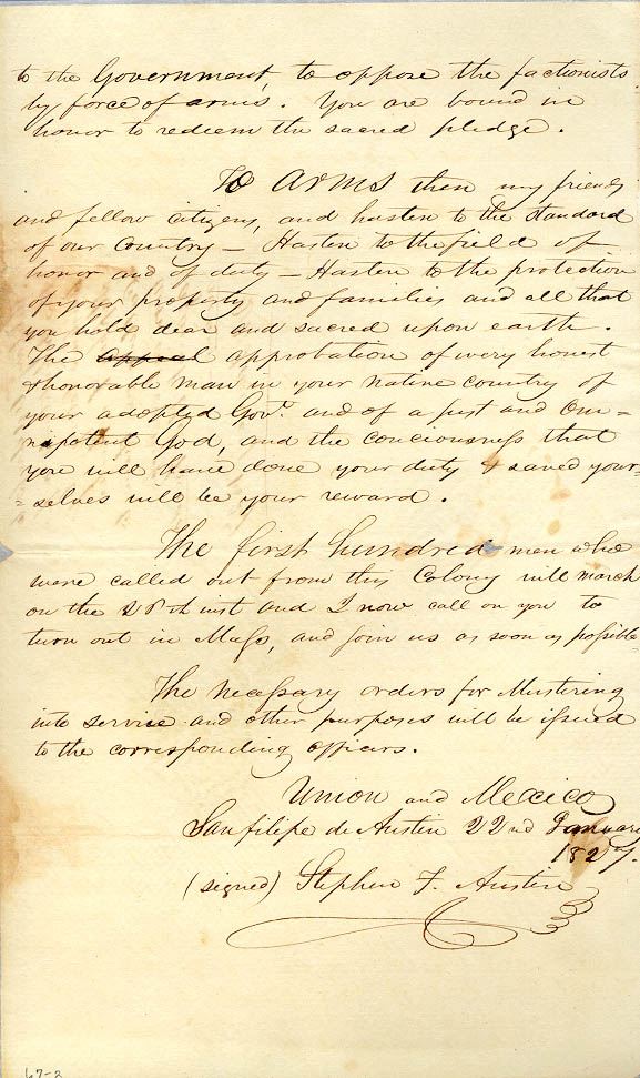 Stephen F. Austin 1827 call to arms